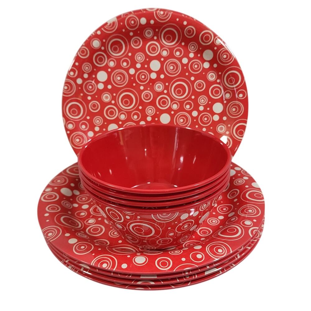 12-Piece Red & White Melamine In/Out Door Dinnerware MCM By Mark Charles Misilli